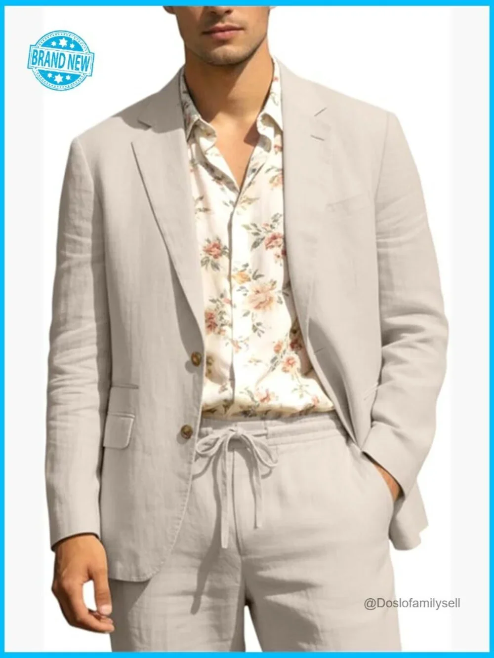 Linen Blend Suit Set Casual Classic Fit Summer Wedding Beach Blazer Pants